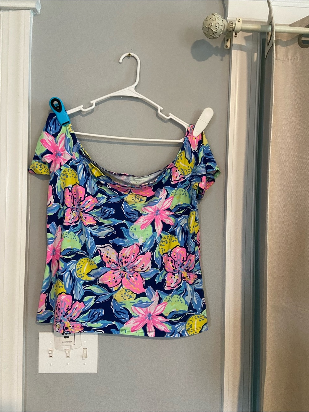 Lilly Pulitzer Navy Off-Shoulder Crop Top with Pink Floral Print